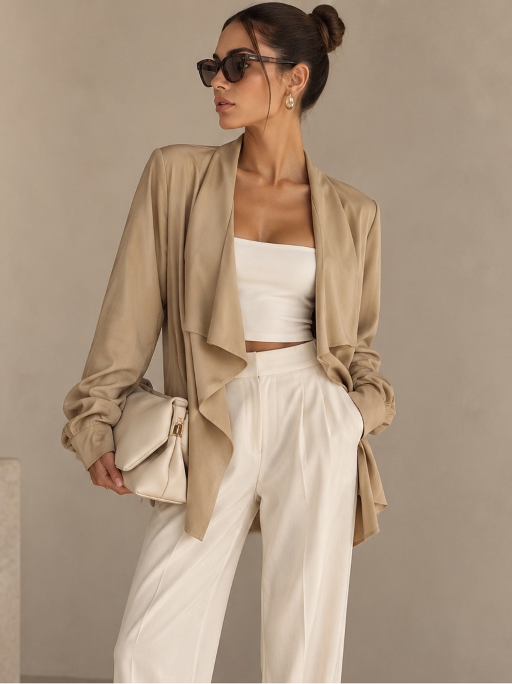 Draped Open-Front Cardigan in Beige